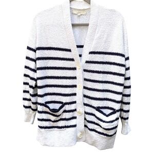 LOFT Women's Striped‎ Cardigan Size Medium White Navy 100% Cotton Beach Coastal